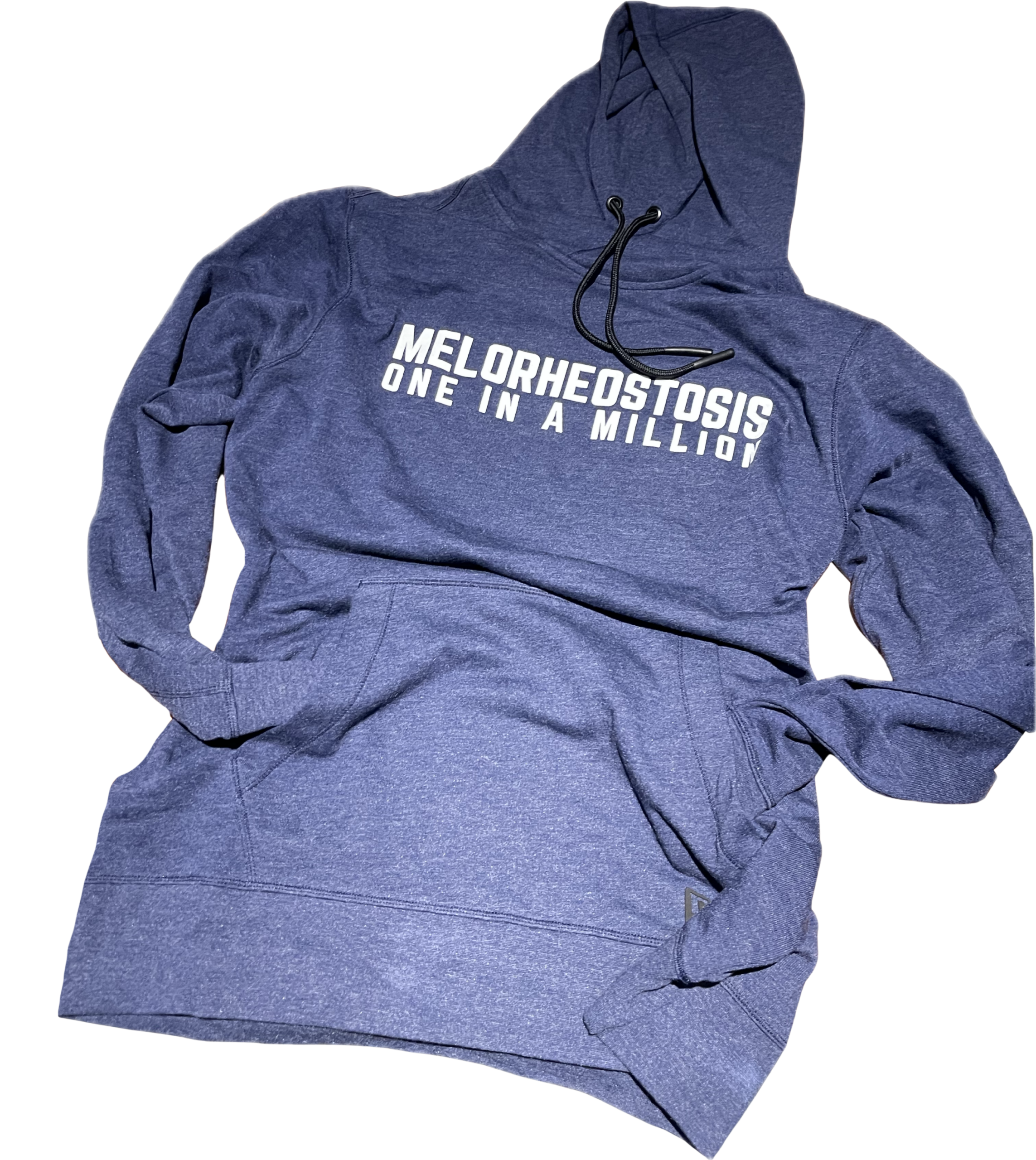 dark blue hoodie with Melorheostosis one in a million written in all caps white letters